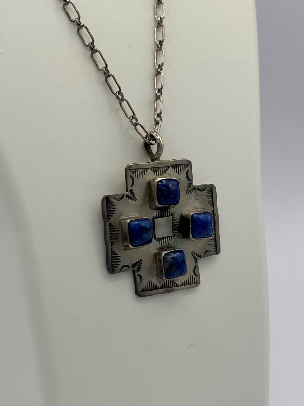 Sylvia Chee Navajo Sterling Silver Lapis Lazuli Cross Pendant Necklace 25.5"